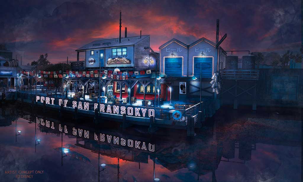 This artist concept shows how the Pacific Wharf at Disney California Adventure Park in Anaheim, Calif., will transform into San Fransokyo Square in summer 2023, inspired by Walt Disney Animation Studios’ Academy Award®-winning “Big Hero 6.” San Fransokyo Square will transport guests to the not-too-distant future, in a fictional mash-up of two iconic cities – San Francisco and Tokyo. (Artist Concept/Disneyland Resort)