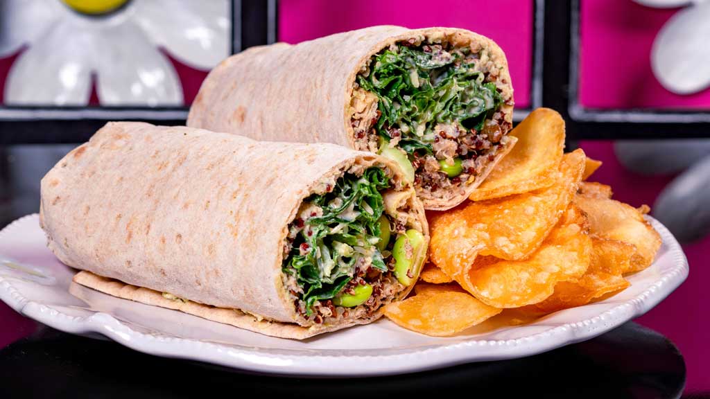 Spring Garden Wrap (Café Daisy, Mickey’s Toontown in Disneyland Park in Anaheim, Calif.) – plant-based offering combining romaine and quinoa into a wrap with a creamy lemon dressing and toasted pumpkin seeds accompanied with house-made chips.