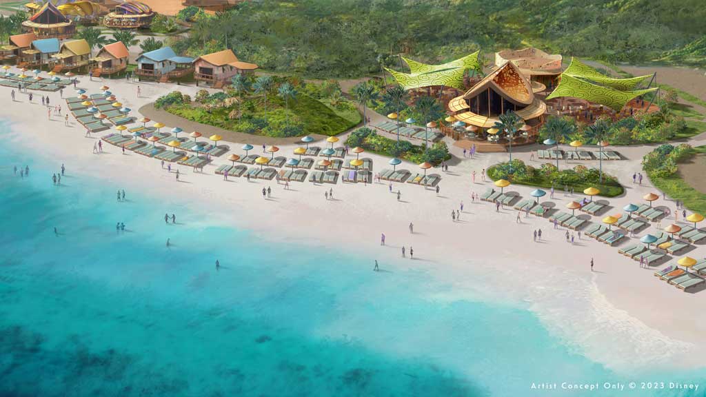 North of the family area at Lighthouse Point will be an adult-exclusive beach — a glorious stretch of sun-drenched serenity complete with a dedicated dining area for convenient access to food and drinks throughout the day, plus six private cabanas available by reservation. (Disney)