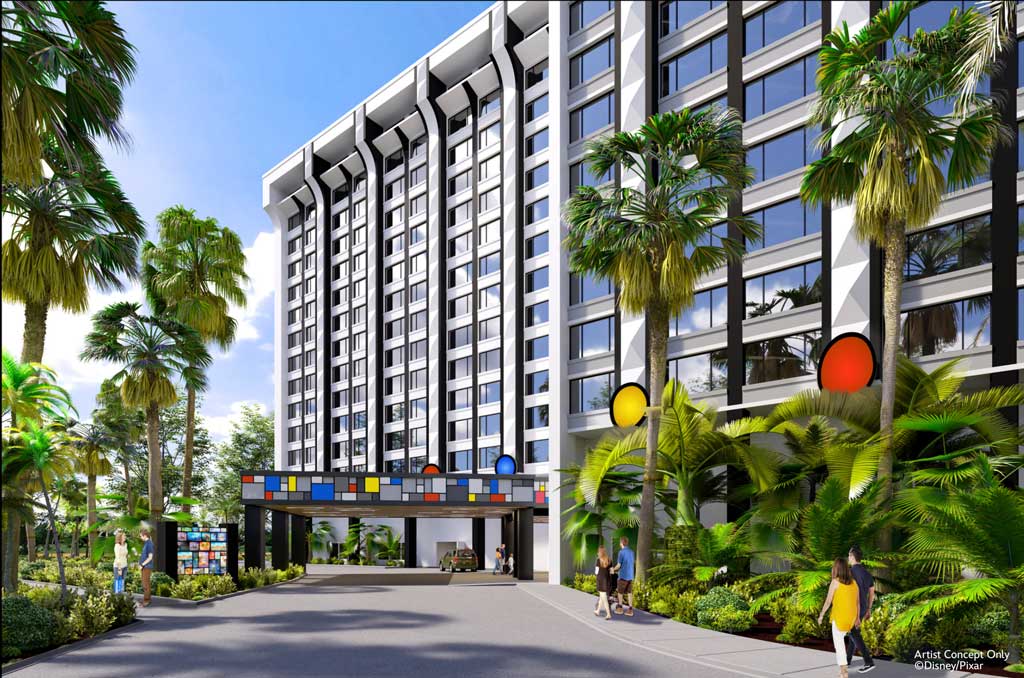 Disney Paradise Pier Hotel in Anaheim, Calif., is set to be reimagined and transformed into Pixar Place Hotel at Disneyland Resort. This artist concept, released on May 25, 2023, depicts a colorful glimpse of what Pixar Place Hotel will look like once the transformation is complete in the winter. The reimagining will weave the artistry of Pixar into a comfortable, contemporary setting. Guests will gain a new perspective on some of their favorite Pixar worlds and characters through carefully curated artwork and décor that reveals the creative journey of the Pixar artists. (Artist Concept/Disneyland Resort)