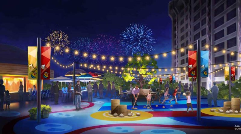 In late 2023, a family play court will be added to the deck at the Pixar Place Hotel at Disneyland Resort in Anaheim, Calif., with activities inspired by Pixar’s famous short films. Interactive games and imaginative free play celebrate favorite friends from “La Luna,” “Bao,” “For the Birds,” and “Burrow.” Guests may also enjoy food and drinks under the love-struck umbrellas from “The Blue Umbrella.” (Artist Concept/Disneyland Resort)
