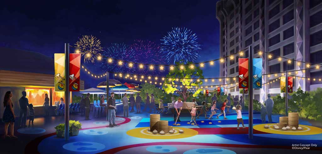 In late 2023, a family play court will be added to the deck at the Pixar Place Hotel at Disneyland Resort in Anaheim, Calif., with activities inspired by Pixar’s famous short films. Interactive games and imaginative free play celebrate favorite friends from “La Luna,” “Bao,” “For the Birds,” and “Burrow.” Guests may also enjoy food and drinks under the love-struck umbrellas from “The Blue Umbrella.” (Artist Concept/Disneyland Resort)