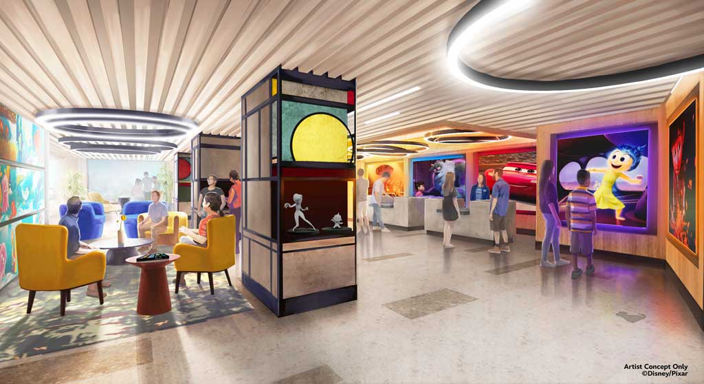 The lobby at the Pixar Place Hotel at the Disneyland Resort in Anaheim, Calif., depicted in this artist concept released May 25, 2023, will evolve over the next few months and will begin to blend beloved Pixar imagery with the hotel’s contemporary setting. When the transformation is complete, iconic images from Pixar films will be at the front desk, with characters pictured larger than life in curated artwork. (Artist Concept/Disneyland Resort)