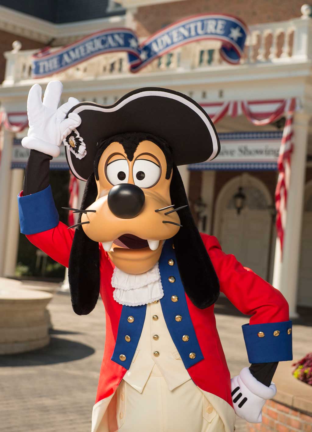 Goofy dresses in his patriotic best to celebrate the Fourth of July at Walt Disney World Resort. Goofy, along with Mickey Mouse and Donald Duck, appear for meet and greets at the American Adventure at Epcot for the holiday. (David Roark, photographer)