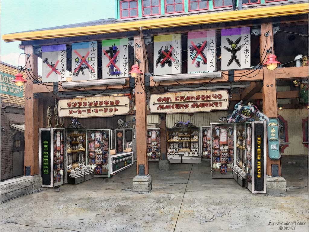  Later in summer 2023, guests at San Fransokyo Square at Disney California Adventure Park in Anaheim, Calif., will discover the San Fransokyo Maker’s Market, a storefront stocked with unique apparel, homewares and more featuring Baymax and friends. As shown in the concept art, the market’s shelves are situated on robot storage cases, with decommissioned battle bots on display. (Artist Concept/Disneyland Resort) 
