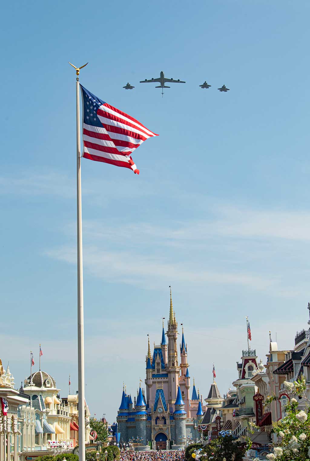  Next The U.S. Air Force conducts a special Independence Day flyover of Magic Kingdom Park on July 4, 2023. A squadron of F-35 stealth fighter jets flown by the 33rd Fighter Wing made two passes over the world-famous theme park. The first included a KC-135 tanker flown by the 6th Air Refueling Wing to mark the 100th anniversary of the Air Force’s 100 years of aerial refueling capabilities. (Abigail Nilsson, Photographer) The U.S. Air Force conducts a special Independence Day flyover of Magic Kingdom Park on July 4, 2023. A squadron of F-35 stealth fighter jets flown by the 33rd Fighter Wing made two passes over the world-famous theme park. The first included a KC-135 tanker flown by the 6th Air Refueling Wing to mark the 100th anniversary of the Air Force’s 100 years of aerial refueling capabilities. (Matt Stroshane, Photographer) 