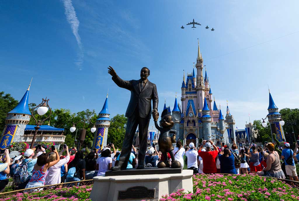  The U.S. Air Force conducts a special Independence Day flyover of Magic Kingdom Park on July 4, 2023. A squadron of F-35 stealth fighter jets flown by the 33rd Fighter Wing made two passes over the world-famous theme park. The first included a KC-135 tanker flown by the 6th Air Refueling Wing to mark the 100th anniversary of the Air Force’s 100 years of aerial refueling capabilities. (James Kilby, Photographer) 