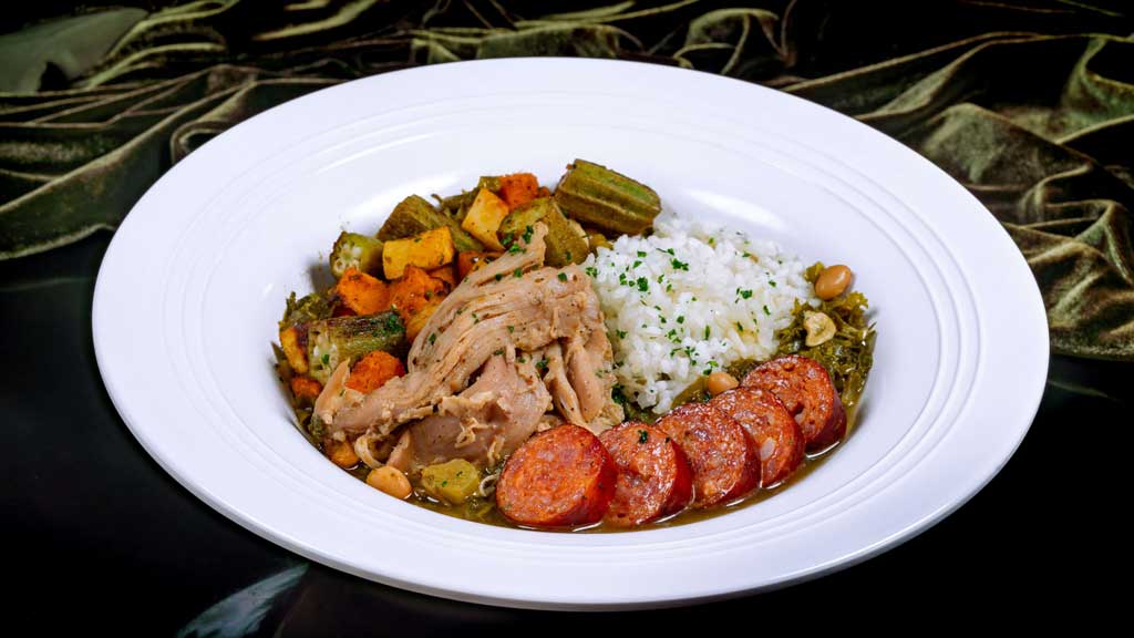 7 Greens Gumbo with Chicken & Andouille Sausage – white beans, okra, yams, sweet potatoes and heirloom rice.