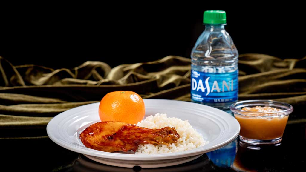 Roasted Chicken Drumstick – with sweet BBQ sauce and heirloom rice served with a Cuties® Mandarin orange and applesauce with choice of DASANI® water or small lowfat milk