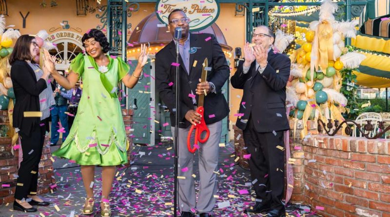 Tiana’s Palace opening ceremony attended by Disneyland Resort cast members in New Orleans Square at Disneyland Park in Anaheim, Calif., on Sept. 7, 2023. Inspired by the Walt Disney Animation Studios film “The Princess and the Frog,” the reimagined quick service restaurant serves authentic New Orleans flavors inspired by Tiana’s friends and adventures. While Tiana’s Palace is not a character dining location, guests may find Tiana in New Orleans Square. (Christian Thompson/Disneyland Resort) 