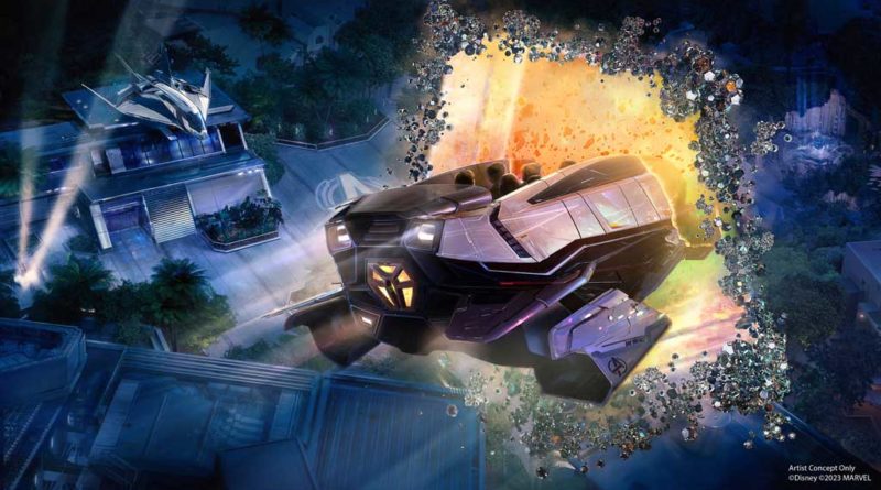 On Saturday, Sept. 9, 2023, at Destination D23, new details were shared around the third future attraction coming to Avengers Campus at Disney California Adventure park. As depicted in this artist concept, the heroes have created a new vehicle capable of jumping between worlds and even realities – on planet Earth and beyond. The design combines elements of Tony Stark’s time-suits with Xandarian jump points and Wakandan technology to create a vehicle that combines portal technology and flight capabilities to maneuver through the skies, transporting heroes to remote worlds in a matter of moments. (Artist Concept/Disneyland Resort)