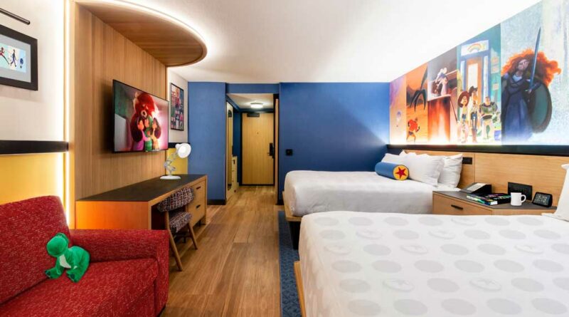 Disney’s Paradise Pier Hotel is being transformed into Pixar Place Hotel at Disneyland Resort in Anaheim, Calif., and this artist rendering shows a reimagined guest room filled with whimsical nods to Pixar Animation Studios, like lighting reminiscent of the Pixar Lamp and pillows inspired by the Pixar Ball. When the property officially transforms into Pixar Place Hotel on Jan. 30, 2024, it will weave the artistry of Pixar into a comfortable, contemporary setting. (Artist Concept/Disneyland Resort)