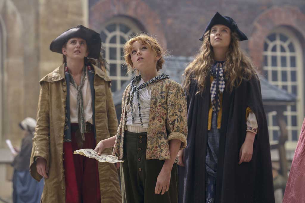 (L to R) Louisa Harland as Nell, Florence Keen as George, Bo Bragason as Roxy in The Ballad Of Renegade Nell. Cr. Robert Viglasky/Disney+