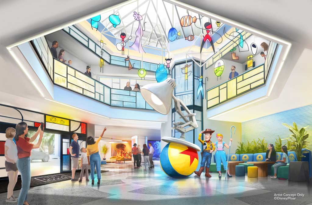 Pixar Place Hotel Officially Opens at the Disneyland Resort Jan. 30, 2024 Disney’s Paradise Pier Hotel is being transformed into Pixar Place Hotel at Disneyland Resort in Anaheim, Calif., and this artist rendering shares a glimpse of the new Pixar Ball and Lamp sculpture and character mobile that will be in the lobby. When the hotel officially transforms into Pixar Place Hotel on Jan. 30, 2024, it will weave the artistry of Pixar into a comfortable, contemporary setting. (Artist Concept/Disneyland Resort)