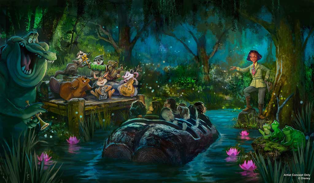 Tiana’s Bayou Adventure Coming in Late 2024 to Disneyland Park Tiana’s Bayou Adventure, coming to Disneyland Park, Anaheim, Calif., in late 2024, will take guests on a musical adventure inspired by the beloved story and characters from the fan-favorite film. Picking up where the film left off, guests will join Princess Tiana, Naveen and jazz-loving alligator Louis on an adventure through the bayou as they prepare to host a one-of-a-kind Mardi Gras celebration where everyone is welcome. Along the way, guests will encounter familiar faces, make new friends and travel through the bayou to original music inspired by songs from the film as they are brought into the next chapter of Tiana’s story. (Artist Concept/Disneyland Resort)