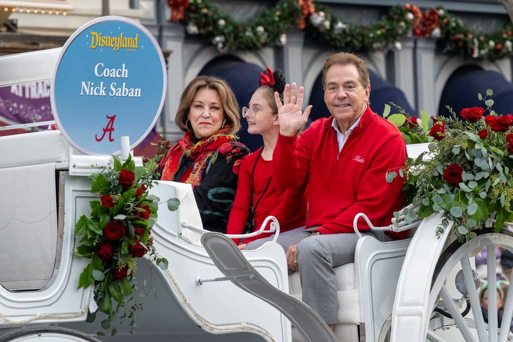 The head football coaches and select players from Michigan and Alabama made their first stop on their way to the 2024 Rose Bowl Game in Pasadena, Calif., with a traditional visit to the Disneyland Resort in Anaheim, Calif., Dec. 27, 2023. Before meeting on the field, the teams joined for their first official pregame appearance: a festive cavalcade on Main Street, U.S.A., in Disneyland Park. The teams will face off in the 110th Rose Bowl Game on Monday, Jan. 1, 2024. (Disneyland Resort)