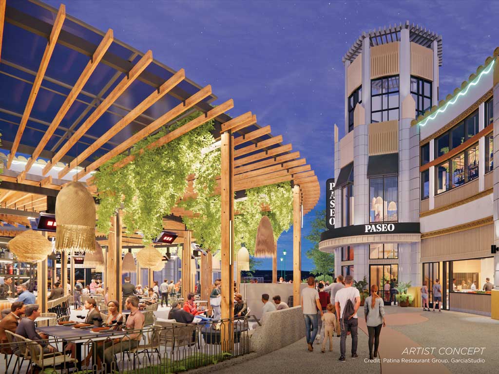 The evolution of the Downtown Disney District at the Disneyland Resort in Anaheim, Calif., continues to take shape with the opening of Paseo and Céntrico in the spring of 2024. With menus created by Michelin-starred Chef Carlos Gaytán, the Paseo upstairs dining room and the first floor Céntrico courtyard bar and restaurant will offer upscale Mexican cuisine and tequila-based cocktails, brought to life by Patina Restaurant Group. (Artist Concept/Patina Restaurant Group)