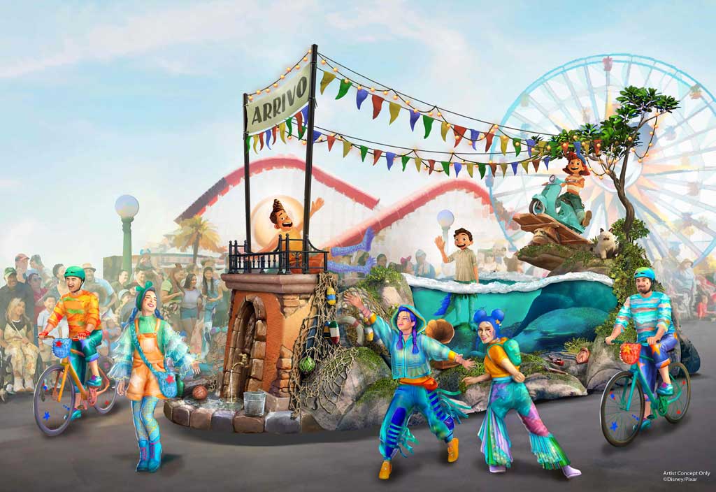 In the new “Better Together: A Pixar Pals Celebration!” parade, dynamic and colorful floats will make their way through Disney California Adventure Park in Anaheim, Calif., during Pixar Fest when it returns to Disneyland Resort from April 26-Aug. 4, 2024. The parade will feature high-energy dancing and appearances by more than two dozen Pixar characters, including Pixar friends like Luca, Alberto and Giulia from Disney and Pixar’s “Luca” enjoying their time together on the water’s edge in Portorosso during Pixar Fest. (Artist Concept/Disneyland Resort)