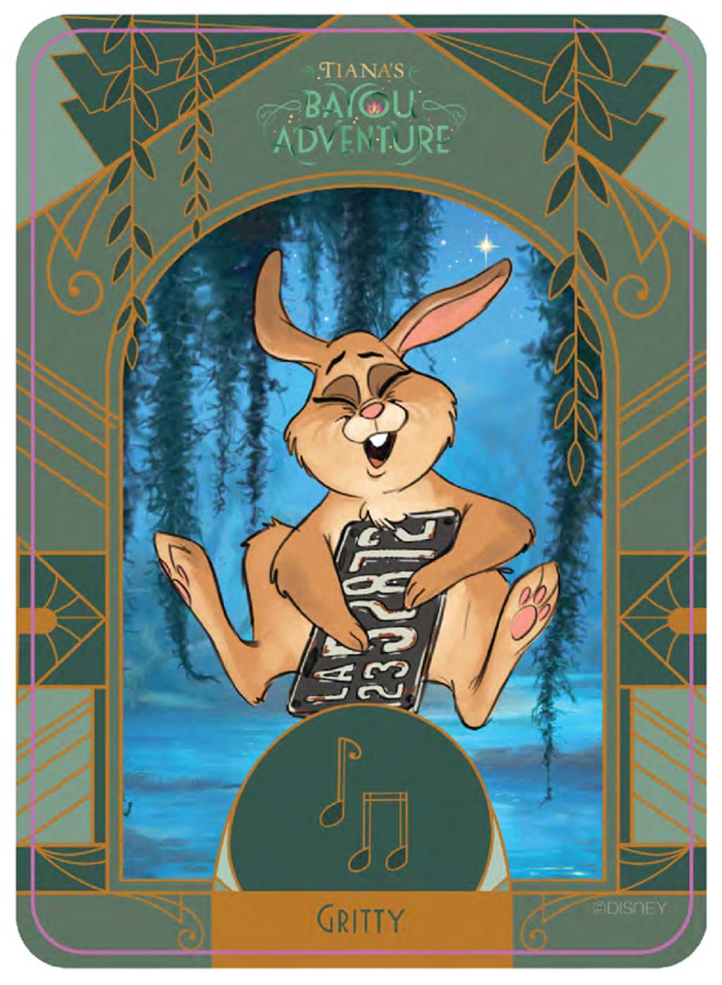 Meet the Critters of Tiana’s Bayou Adventure Gritty the Rabbit – Always willing to dig a little deeper to help others, Gritty plays the washboard (a found automobile license plate) with a high-energy flair. It’s the perfect instrument for someone who’s often overzealous and digs to relieve her nerves.