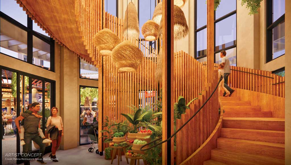 Opening spring of 2024, a stunning staircase will lead guests to Paseo’s show-stopping dining room and bar area lined with rich woods, tiles, textures, leathers and custom accents that celebrate Mexico’s craftsmanship culture at Downtown Disney District at Disneyland Resort in Anaheim, Calif. (Artist Concept/Patina Restaurant Group)