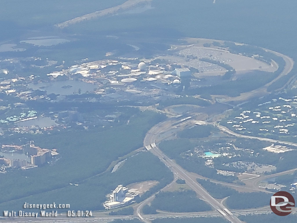 EPCOT in the center/top, Typhoon Lagoon in the bottom right