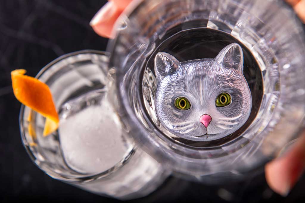 The Cat Drink will be among the signature drinks served at the Scat Cat Lounge onboard the Disney Treasure when it sets sail in December. The Cat Drink will combine clarified bourbon, amaro, Aperol and fresh lemon into a near translucent cocktail that shows off hand-crafted drinkware that will be embossed with the image of a cat. (Kent Phillips, Photographer)