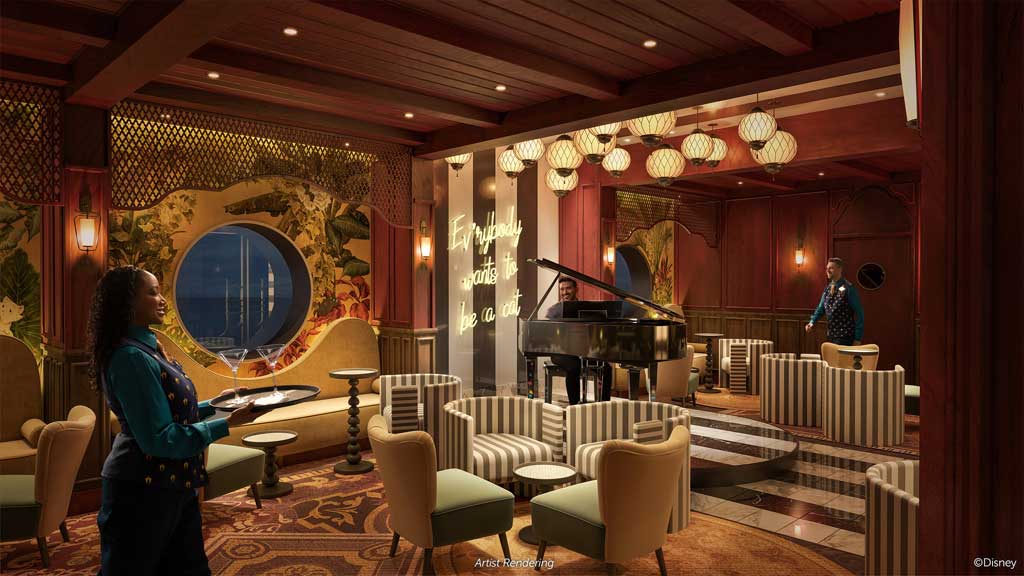 Disney Cruise Line reveals the Scat Cat Lounge, an all-new piano lounge inspired by the Walt Disney Animation Studios film “The Aristocats.” The venue will offer an artistic salute to the film with themed craft cocktails, curated décor and live music when it debuts on the Disney Treasure in December 2024. (Disney)