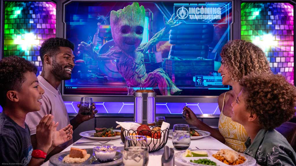 Worlds of Marvel, Disney Cruise Line’s Marvel-themed dining experience, will host Disney Treasure guests for two distinct nights, including a brand-new offering that will showcase the lively duo Rocket and Groot from the blockbuster “Guardians of the Galaxy” films. (Disney)