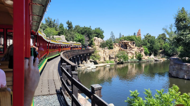 Steaming along the banks of the Rivers of America aboard the Disneyland Railroad