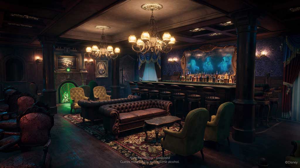 Exclusive to Disney Cruise Line, the Haunted Manion Parlor – which will first debut aboard the Disney Treasure in December 2024 – will invoke inspiration from the original theme park attraction and invite guests to sip crafted cocktails among the 999 happy haunts. (Disney)