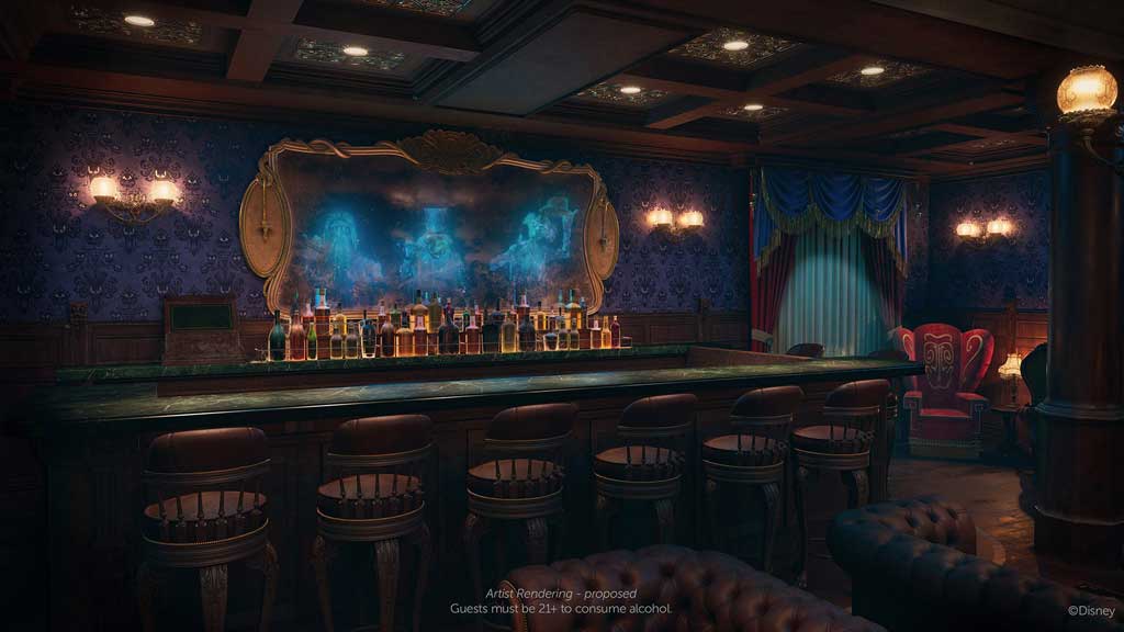 Exclusive to Disney Cruise Line, the Haunted Manion Parlor – which will first debut aboard the Disney Treasure in December 2024 – will invoke inspiration from the original theme park attraction and invite guests to sip crafted cocktails among the 999 happy haunts. (Disney)