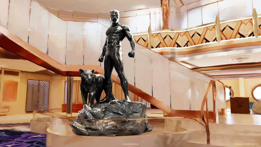 The Grand Hall of the Disney Destiny will be its most striking and prominent gathering space, a mythical realm that welcomes guests into the rich lore, distinctive iconography and vibrant palette of Marvel Studios’ “Black Panther” films. Presiding over the Grand Hall will be a stunning statue of T’Challa, the Black Panther: King of Wakanda, devoted son and beloved brother sworn to protect his kingdom — and the Disney Destiny. (Disney)