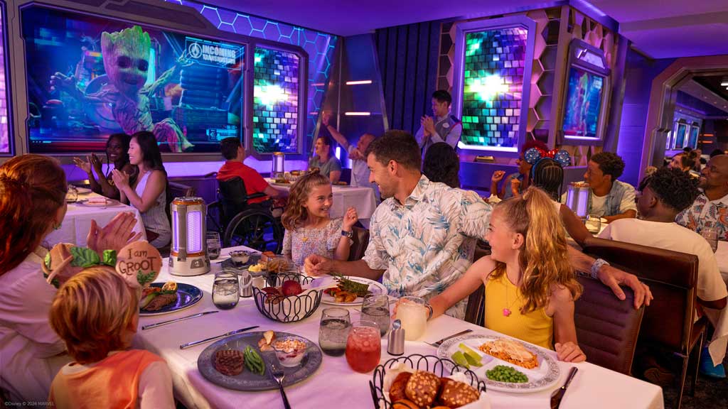 Worlds of Marvel, Disney Cruise Line’s Marvel-themed dining experience, will host guests for an out-of-this-world celebration starring the lively duo of Rocket and Groot from the blockbuster Marvel Studios “Guardians of the Galaxy” films on the Disney Destiny. (Disney)