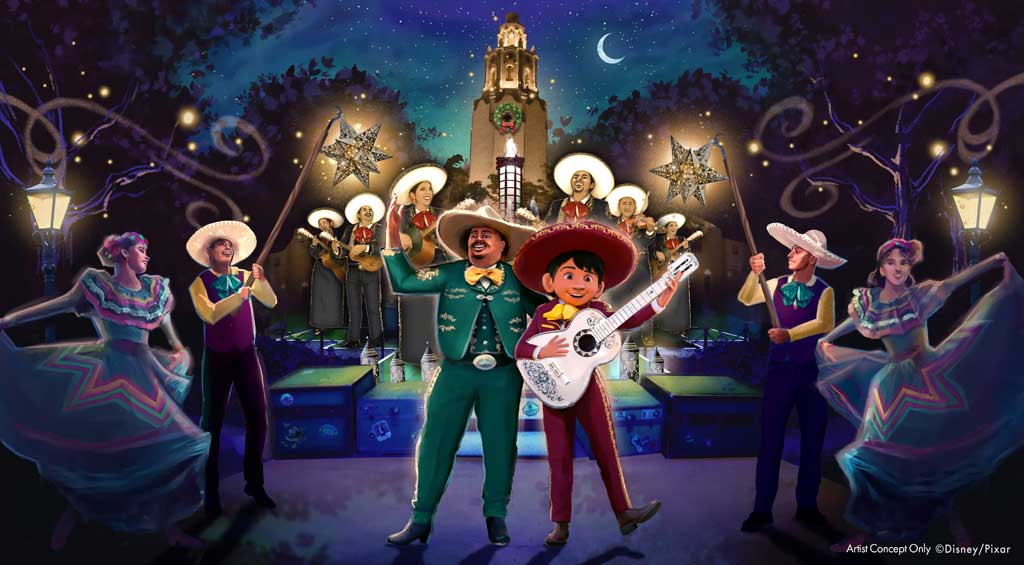 A new nighttime show debuting during Disney Festival of Holidays in 2024 will gather friends and families to listen to heartfelt stories and timeless songs in an enchanting celebration of the season. Mariachi Alegría de Disneyland, accompanied by graceful dancers, delivers intimate, bilingual performances of beloved Christmas songs. The celebration closes with a special appearance by Miguel from Pixar Animation Studios’ “Coco” for a beautiful rendition of “Silent Night.” Performances are scheduled Monday through Friday evenings on Buena Vista Street in Disney California Adventure Park in Anaheim, Calif. (Artist Concept/Disneyland Resort) 