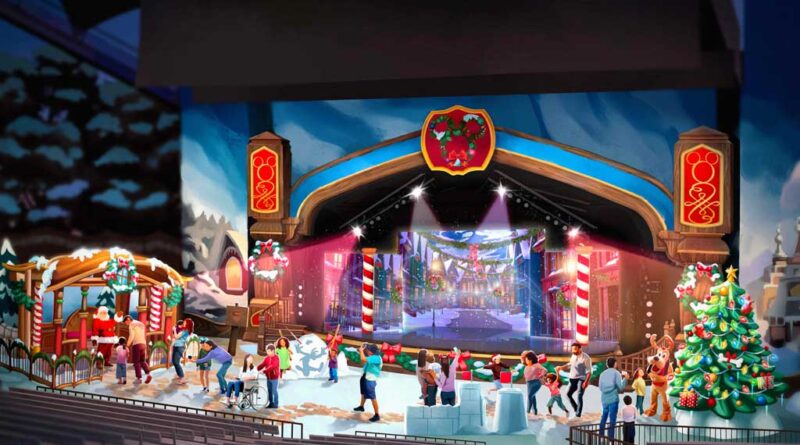 New for 2024, Santa Claus and select Disney characters will make appearances and pose for holiday photos at “Holiday Fun with Santa and Friends!” at the Fantasyland Theatre in Disneyland Park in Anaheim, Calif. Families can also enjoy craft making, sing-alongs of holiday classics and atmospheric music at this daily offering. (Artist Concept/Disneyland Resort)