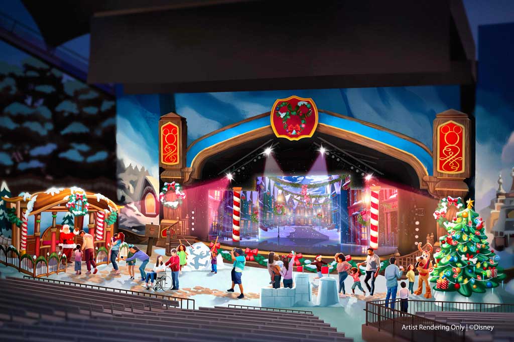 New for 2024, Santa Claus and select Disney characters will make appearances and pose for holiday photos at “Holiday Fun with Santa and Friends!” at the Fantasyland Theatre in Disneyland Park in Anaheim, Calif. Families can also enjoy craft making, sing-alongs of holiday classics and atmospheric music at this daily offering. (Artist Concept/Disneyland Resort) 