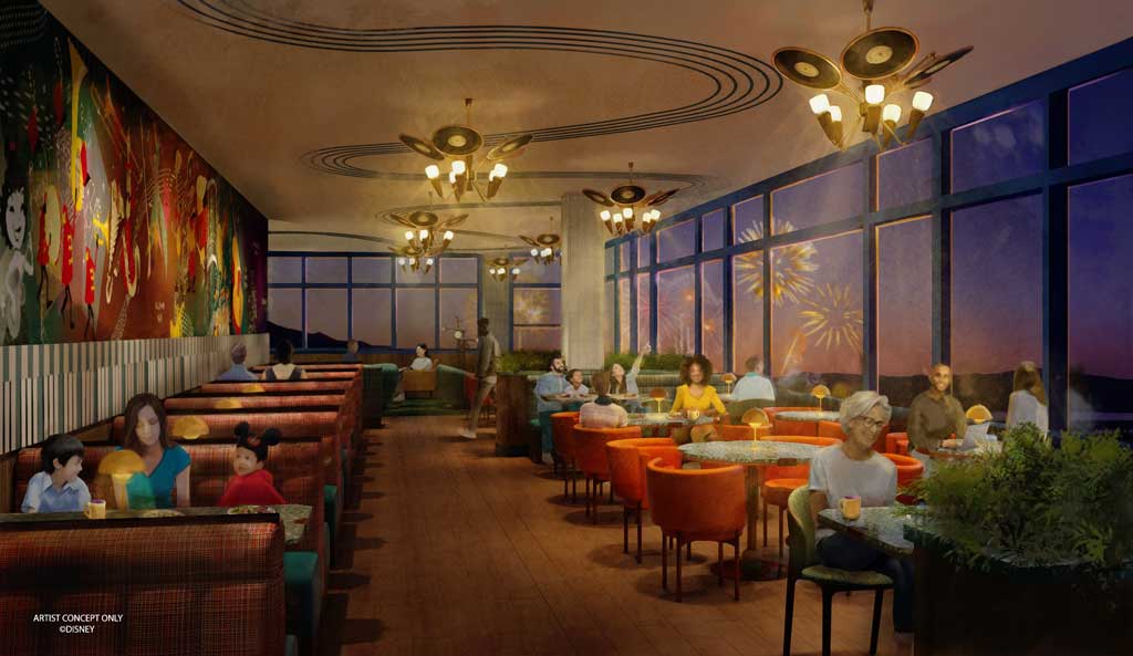 In summer 2025, the Disneyland Hotel at the Disneyland Resort in Anaheim, Calif., will unveil an all-new concierge lounge, High Key Club, celebrating the music and sounds of Disneyland Park circa 1955. Swanky and sophisticated, colorful and fun, the lounge will also pay homage to the mid-century modern aesthetic of the era. High Key Club will nearly double the space of the previous club-level lounge in the hotel’s Adventure Tower and will be a special place for concierge level guests to watch Disneyland Park fireworks and enjoy music from the show on nights that feature pyrotechnics. (Artist Concept/Disneyland Resort)  