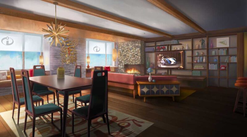 In summer 2025, Pixar Place Hotel at the Disneyland Resort in Anaheim, Calif., will add two new, two-bedroom themed premium suites, opening new doors into the worlds of Disney and Pixar’s “Coco” and “The Incredibles.”  The Incredibles Suite will have a mid-century design with a “spy-fi” twist. This suite includes a primary bedroom for the Parr parents, with a connecting room for Edna Mode designed by Edna herself. Beginning with a hand-scanning prop at the entryway, guests will encounter super-inspired touches and special effects including a spy phone, hidden messages, a secret door and other surprises.  (Artist Concept/Disneyland Resort)