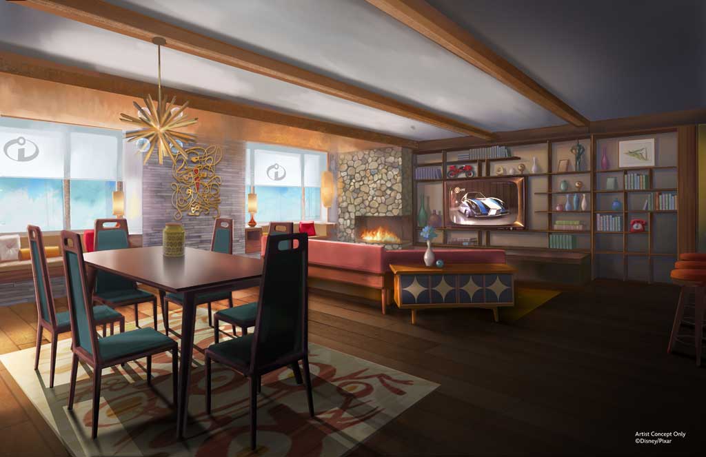 In summer 2025, Pixar Place Hotel at the Disneyland Resort in Anaheim, Calif., will add two new, two-bedroom themed premium suites, opening new doors into the worlds of Disney and Pixar’s “Coco” and “The Incredibles.”  The Incredibles Suite will have a mid-century design with a “spy-fi” twist. This suite includes a primary bedroom for the Parr parents, with a connecting room for Edna Mode designed by Edna herself. Beginning with a hand-scanning prop at the entryway, guests will encounter super-inspired touches and special effects including a spy phone, hidden messages, a secret door and other surprises.  (Artist Concept/Disneyland Resort) 