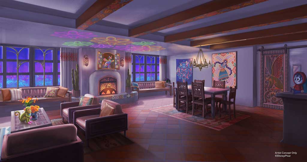 In summer 2025, Pixar Place Hotel at the Disneyland Resort in Anaheim, Calif., will add two new, two-bedroom themed premium suites, opening new doors into the worlds of Disney and Pixar’s “Coco” and “The Incredibles.”  The Incredibles Suite will have a mid-century design with a “spy-fi” twist. This suite includes a primary bedroom for the Parr parents, with a connecting room for Edna Mode designed by Edna herself. Beginning with a hand-scanning prop at the entryway, guests will encounter super-inspired touches and special effects including a spy phone, hidden messages, a secret door and other surprises.  (Artist Concept/Disneyland Resort) 