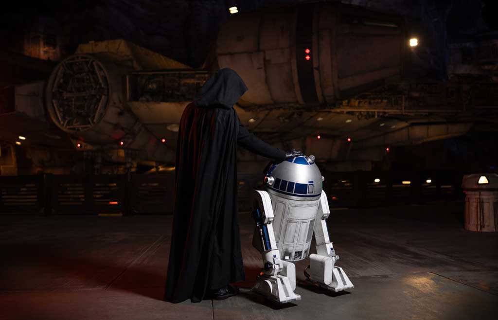 Joining other familiar encounters in Star Wars: Galaxy’s Edge at Disneyland Resort in Anaheim, Calif. during Season of the Force in 2025, for the first time, a shadowy visitor will appear on Batuu for a limited time. Wearing what seem to be Jedi robes, there are rumors it might be the legendary Luke Skywalker. (Christian Thompson/Disneyland Resort) 