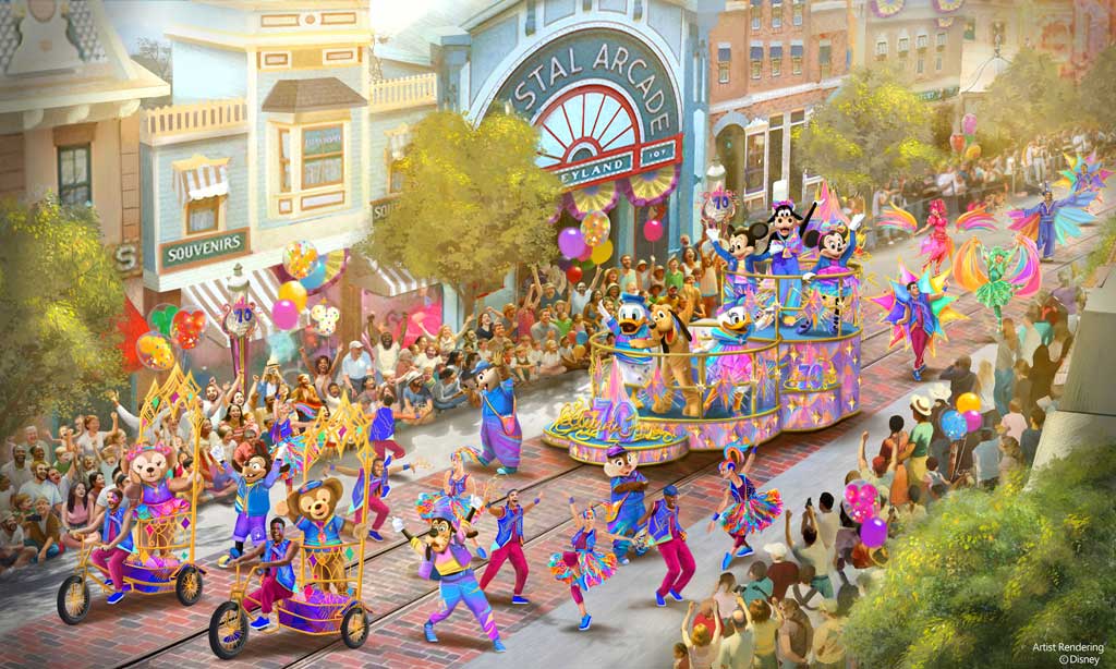 The Celebrate Happy Cavalcade” at Disneyland Park. This energetic and contemporary celebration features favorite characters in their 70th anniversary attire, as well as pals not often seen at Disneyland like the teddy bear characters from Duffy and Friends, Duffy and ShellieMay. (Artistic Concept/Disneyland Resort) 