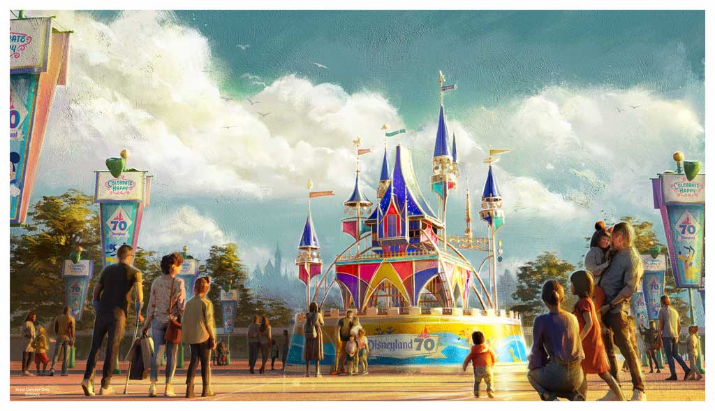 In the esplanade between Disneyland Park and Disney California Adventure Park, guests will find a contemporary 50-foot sculpture inspired by Sleeping Beauty Castle with colorful glass panels and golden charms representing the five original lands. (Artist Concept/Disneyland Resort) 