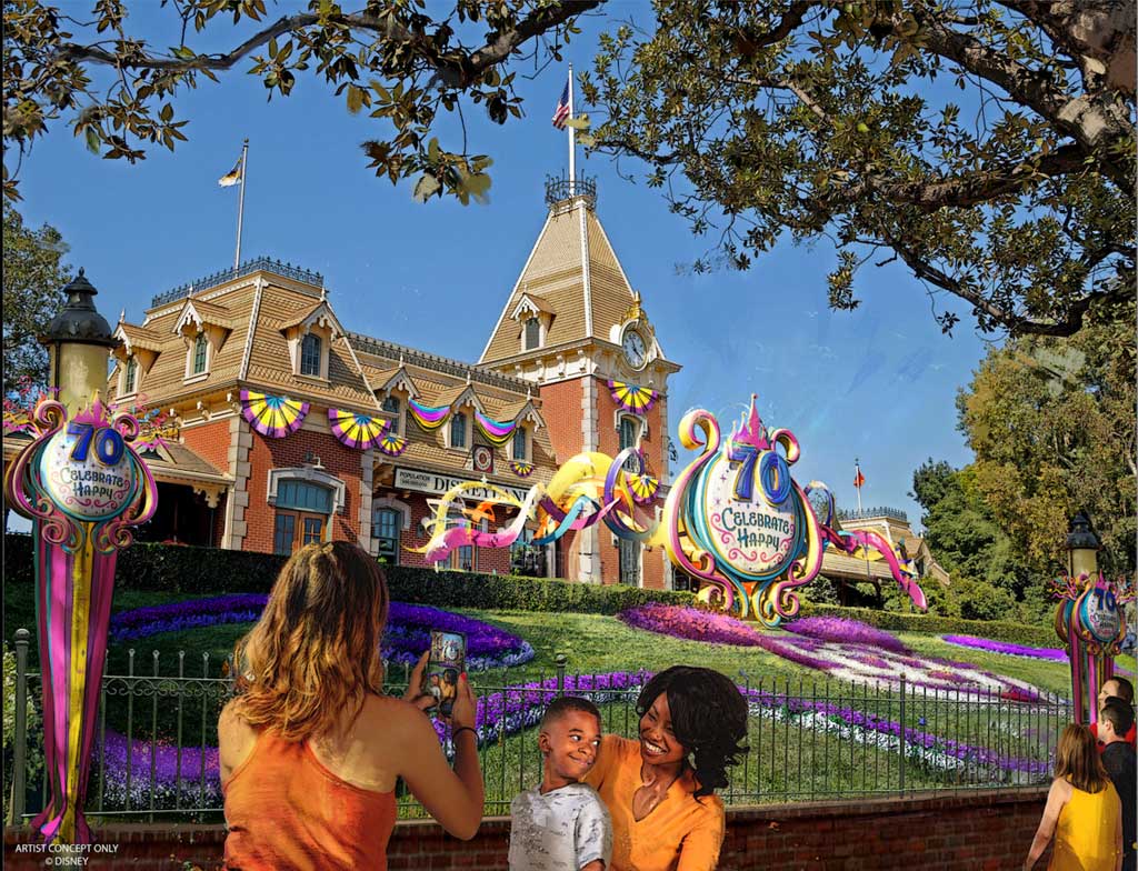 Beginning May 16, 2025, and continuing through summer 2026, the Disneyland Resort 70th Celebration will honor seven decades of happiness and many moments of joy in the making. Upon entering the gates of Disneyland Park in Anaheim, Calif., floral Mickey welcomes guests to the Disneyland Resort 70th Celebration with a colorful display of vibrant flowers, multi-colored banners and bunting. (Artist Concept/Disneyland Resort) 