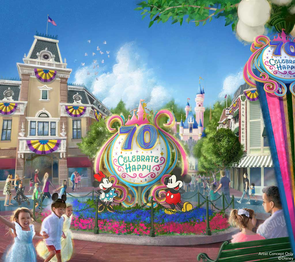 Beginning May 16, 2025, and continuing through summer 2026, the Disneyland Resort 70th Celebration will honor seven decades of happiness and many moments of joy in the making in Anaheim, Calif. Colorful décor, banners and bunting will adorn Main Street, U.S.A., in Disneyland Park. In the heart of Town Square, you’ll spot an installation featuring Mickey and Minnie created just for the anniversary.