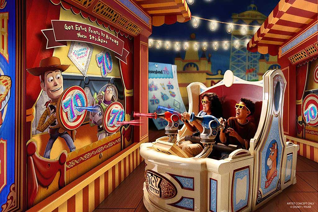 Beginning May 16, 2025, and continuing through summer 2026, the Disneyland Resort 70th Celebration will honor seven decades of happiness and many moments of joy in the making in Anaheim, Calif. At Disney California Adventure Park, Toy Story Midway Mania! will have special nods to the 70th anniversary for guests to spot as they compete on carnival-inspired games. (Artist Concept/Disneyland Resort) 