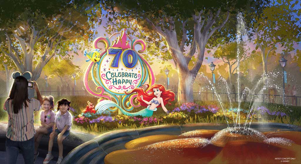 Beginning May 16, 2025, and continuing through summer 2026, the Disneyland Resort 70th Celebration will honor seven decades of happiness and many moments of joy in the making. Themed décor for the Disneyland Resort 70th Celebration in Anaheim, Calif., will also extend into the Downtown Disney District. (Artist Concept/Disneyland Resort) 