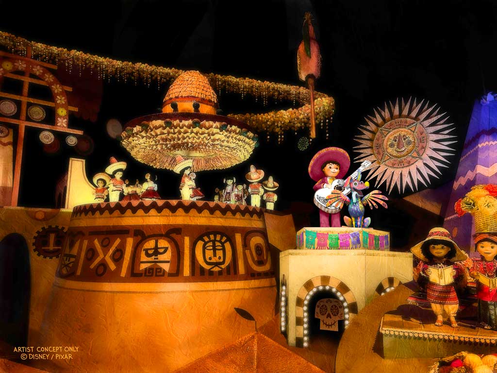 In sunny Mexico in “it’s a small world” at Disneyland Resort in Anaheim, Calif., Miguel and Dante from the Disney and Pixar film “Coco” will join the other children in song. This new addition can be spotted when the attraction reopens April 25, 2025, in time for the Disneyland Resort 70th Celebration which will honor seven decades of happiness and many moments of joy in the making beginning May 16, 2025. (Artist Concept/Disneyland Resort)