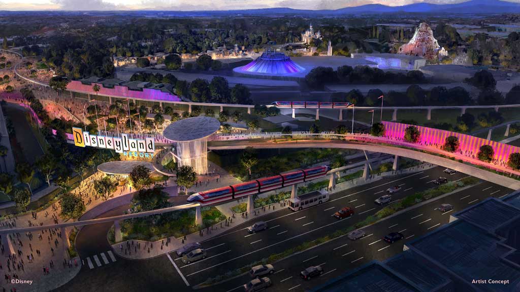 Plans are underway for a new parking structure and transportation hub that will be built on the east side of Disneyland Resort in Anaheim, Calif. This new area will provide approximately 6,000 parking spaces, dedicated shuttle and rideshare areas, security screening and access for traffic off of Disney Way, improving parking and traffic flow throughout the resort area. This new parking and transportation hub will also feature a pedestrian bridge over Harbor Boulevard, leading to an all-new esplanade arrival experience. This pedestrian bridge will also provide public access to and from Harbor Boulevard. (Artist Concept/Disneyland Resort) 